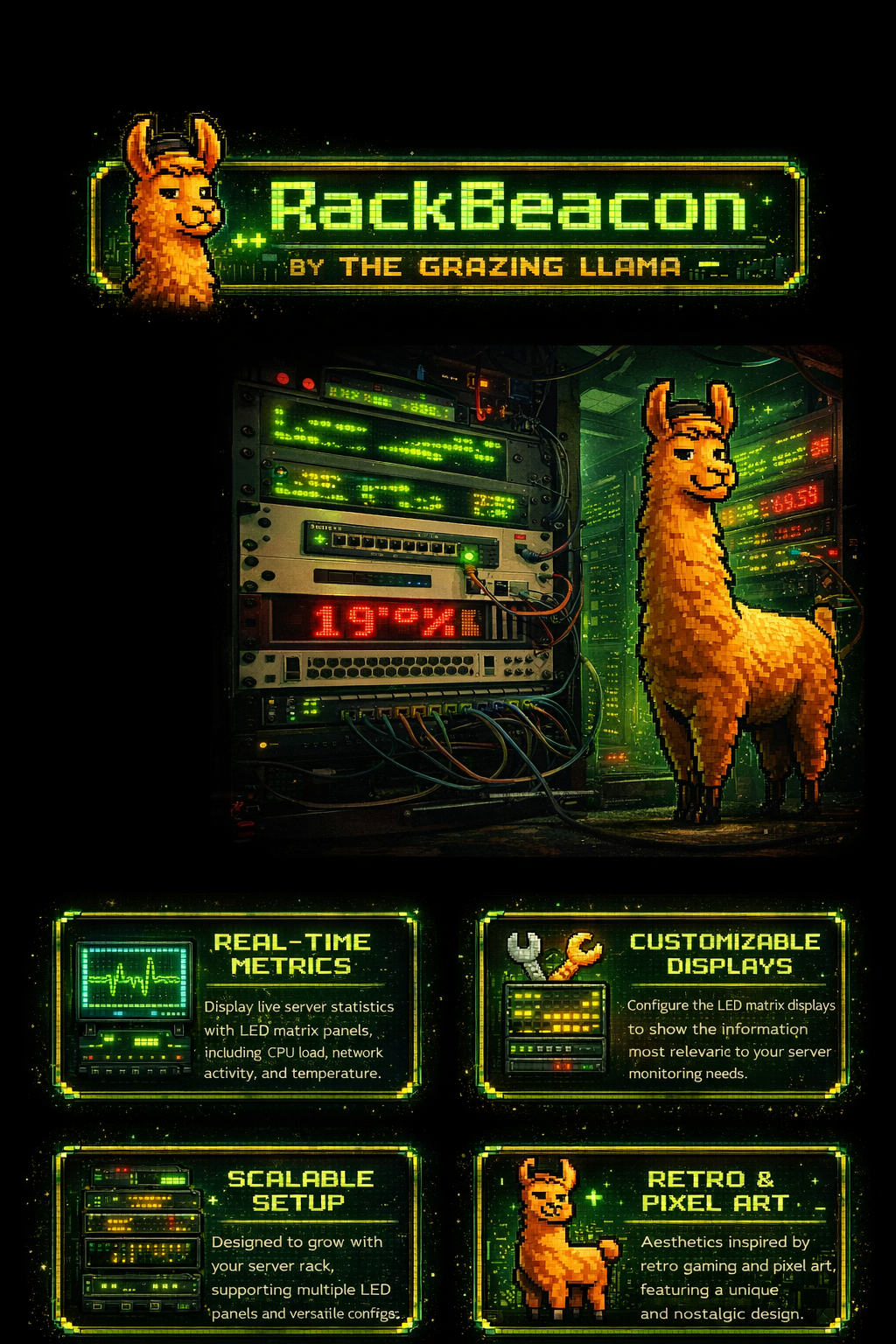 Concept art showing RackBeacon branding, pixel llama, and rack-themed feature tiles